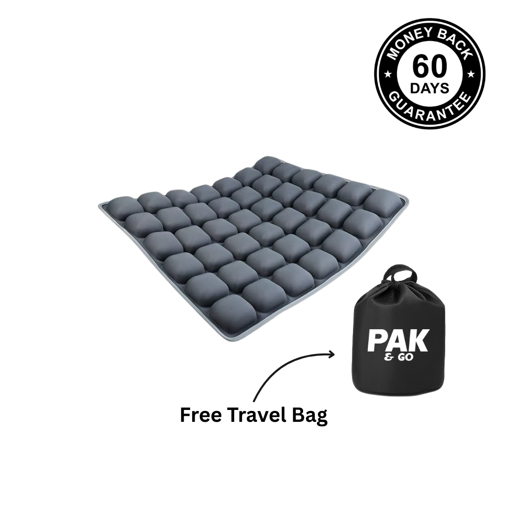 Travel cushion with free Pak & Go travel bag and 60-Day Money Back Guarantee badge