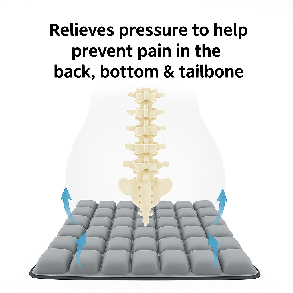 Illustration of person sitting on grey travel cushion