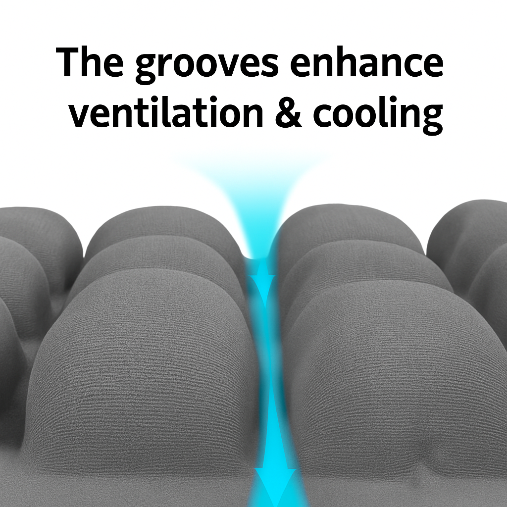 Illustration of how grooves enhancing ventilation and cooling of travel cushion