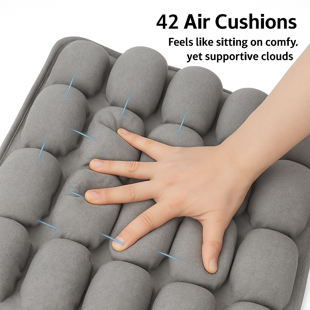 Illustration of a hand placed on the travel cushion explaining how the 42 air cushions are like supportive clouds