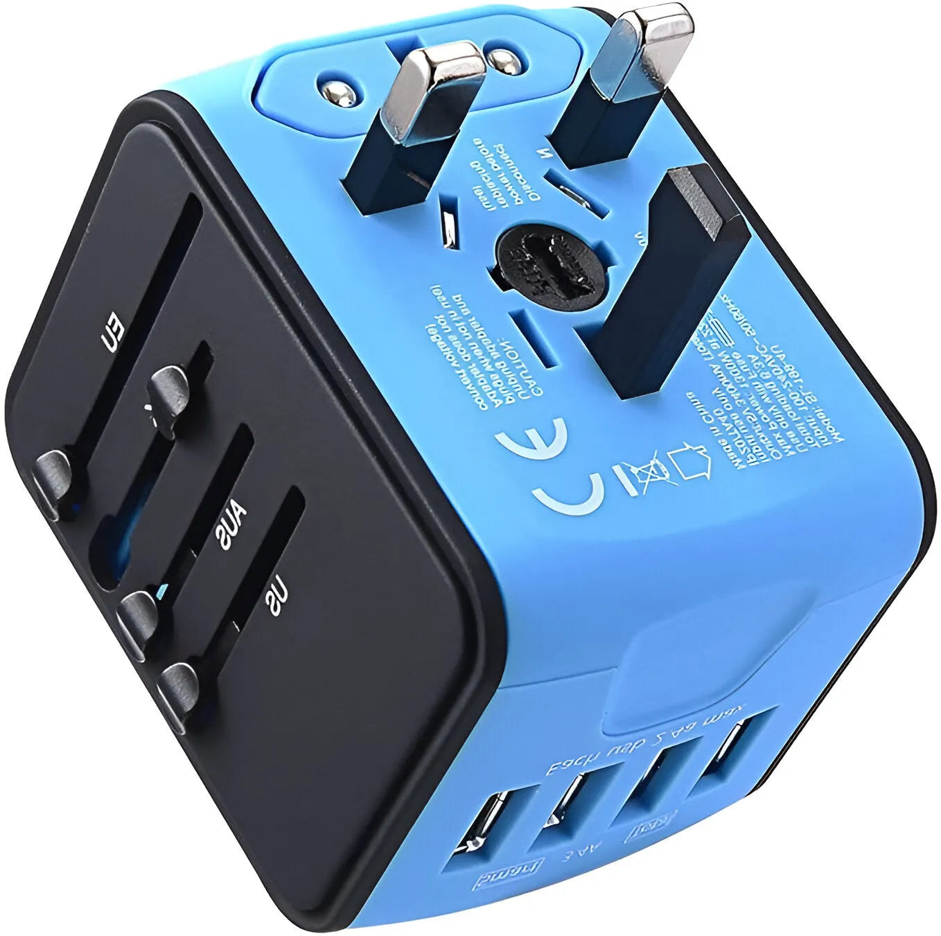 Back of Electric Blue Universal Travel Adapter