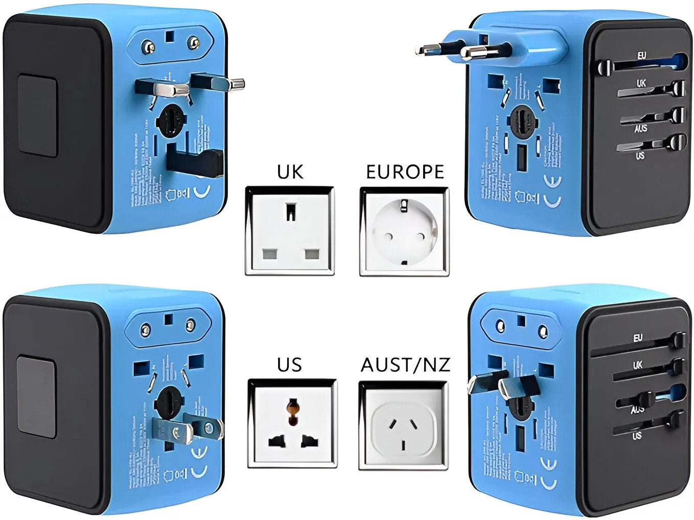 Four country compatible outlets Electric Blue Universal Travel Adapter