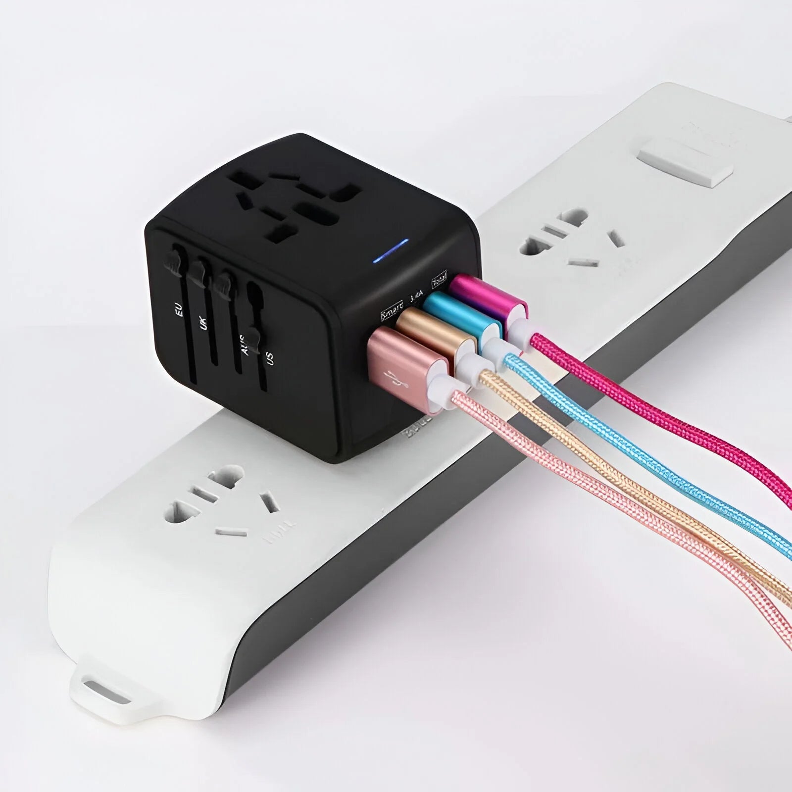 Four coloured cables connected to Black Universal Travel Adapter